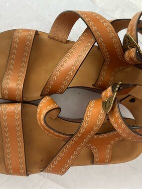Isabel Marant Tan Leather Embroidered Strap Sandals with Buckle